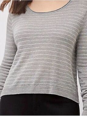 Lane Bryant Sweater Gray Silver Striped Scoop Knit long sleeve metallic 14/16